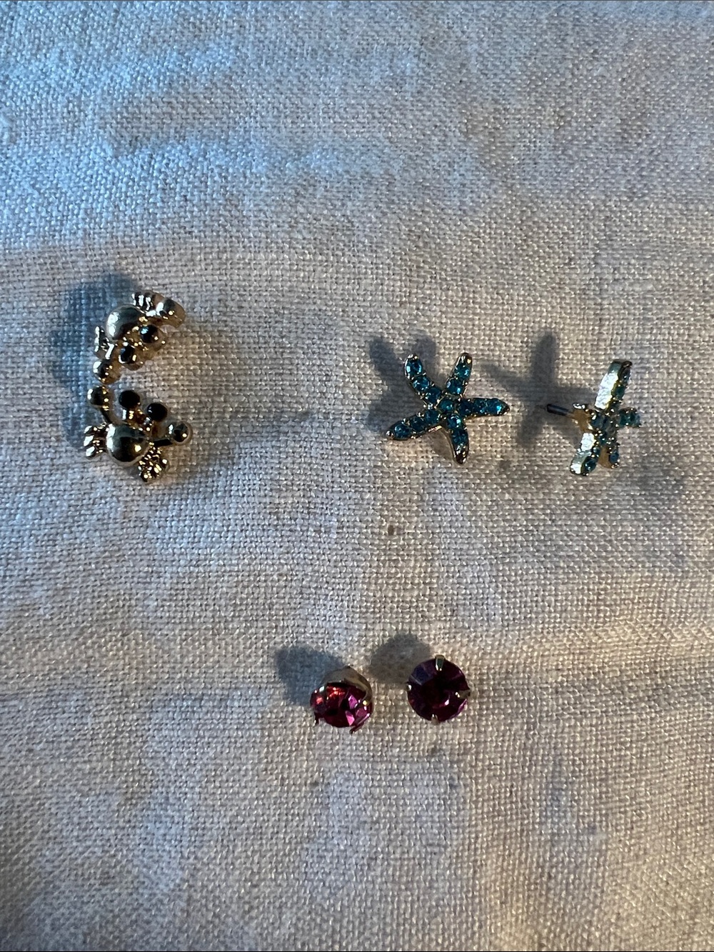 Gold-Tone Stud Earring Trio — Turquoise Starfish, Pink Gem & Gold Crab